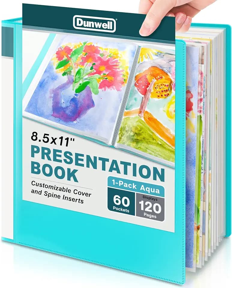 Dunwell Presentation Binder 60-Pocket, Displays 120 Pages, 8.5x11 Portfolio Binder with Plastic Sleeves, Storage and Organizer for Documents, Photos, Kids Artwork, Projects, Recipes (Aqua)