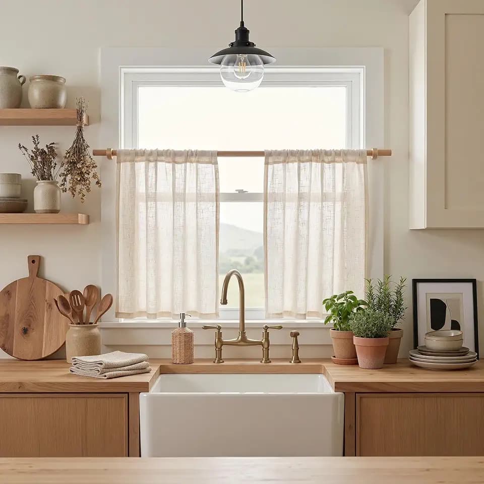 MYSKY HOME Short Linen Curtains 36 Inch Length for Kitchen Window, Over Sink Semi Sheer Light Filtering Panels Rod Pocket Tiers Drapes for Basement Bathroom Window, 2 Panels, Linen, 30 x 36 Inch
