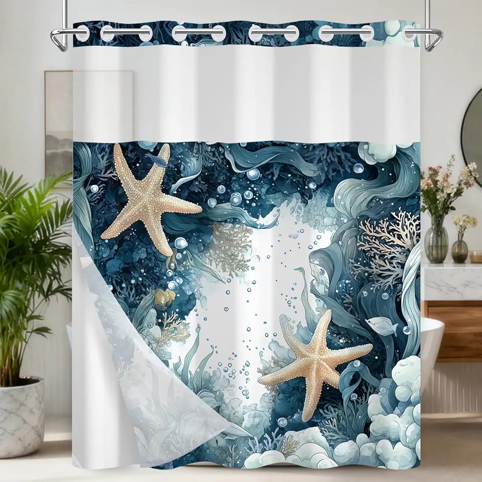 No Hook Spa-Like Ocean Shower Curtain, Blue Shower Curtains for Bathroom with Snap in Weighted Shower Curtain Liner and See Through Window, Starfish Nautical Bathroom Decor, 71x74 Inches