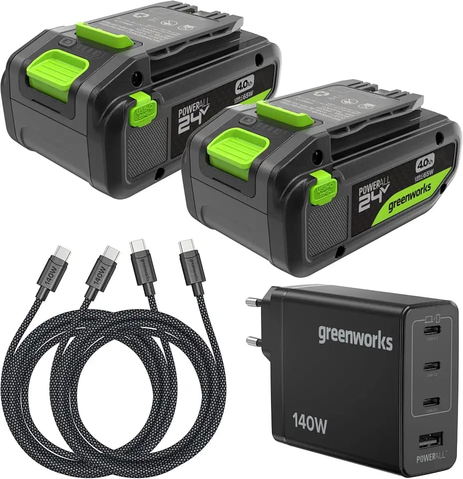 Greenworks 2er-Pack 24V 4Ah Akku High Power USB-C & 140W USB-C Ladegerät & 140w Cable,Li-Ion 24V 4,0 Ah Akku passend für alle 200+ Greenworks 24V Geräte, 2 Jahre Garantie - K2D8DEA