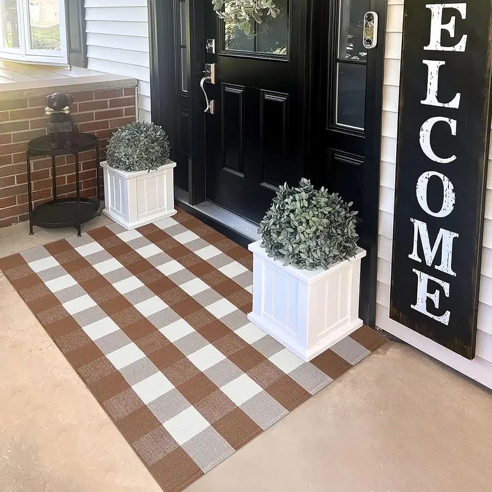 KILOCOCO Buffalo Plaid Checkered Rug 3x5 ft Brown and White Front Door Rug