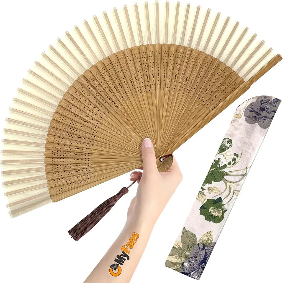 Hand Fan for Women Foldable - Folding Chinese Japanese Vintage Bamboo Silk Fan - Ideal for Hot Flashes, Church, EDM, Festivals, Dancing and Gifts (Bamboo-White)