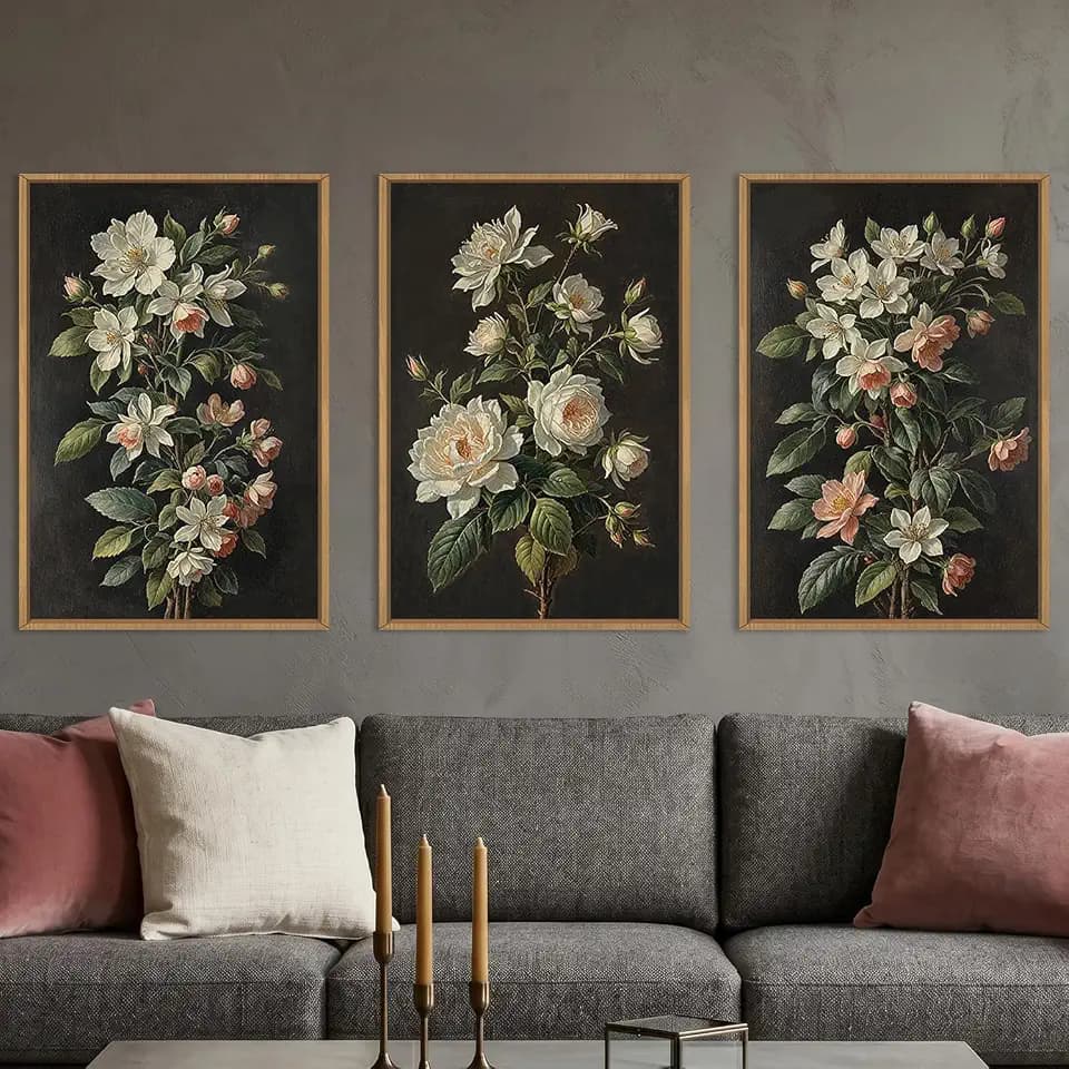 DRACIT Large Dark Moody Flowers Framed Canvas Wall Art Set-16"x24"x3