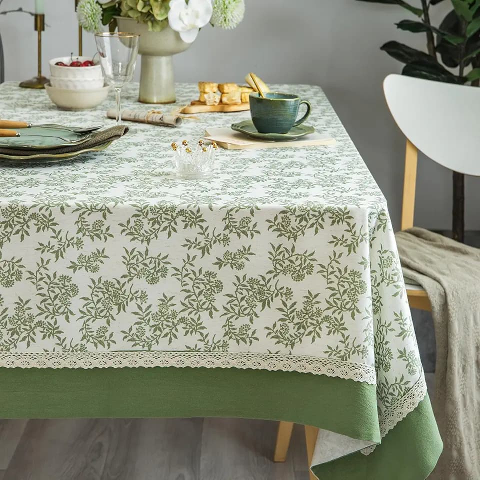 GLORY SEASON Rustic Tablecloth Solid Cotton Fabric Bordered Retro Tablecloths Classic Plant Leaf Printed Linen Fabric Table Cover Farmhouse Decoration 52x70 Inches Rectangle/Oblong Green for Kitchen