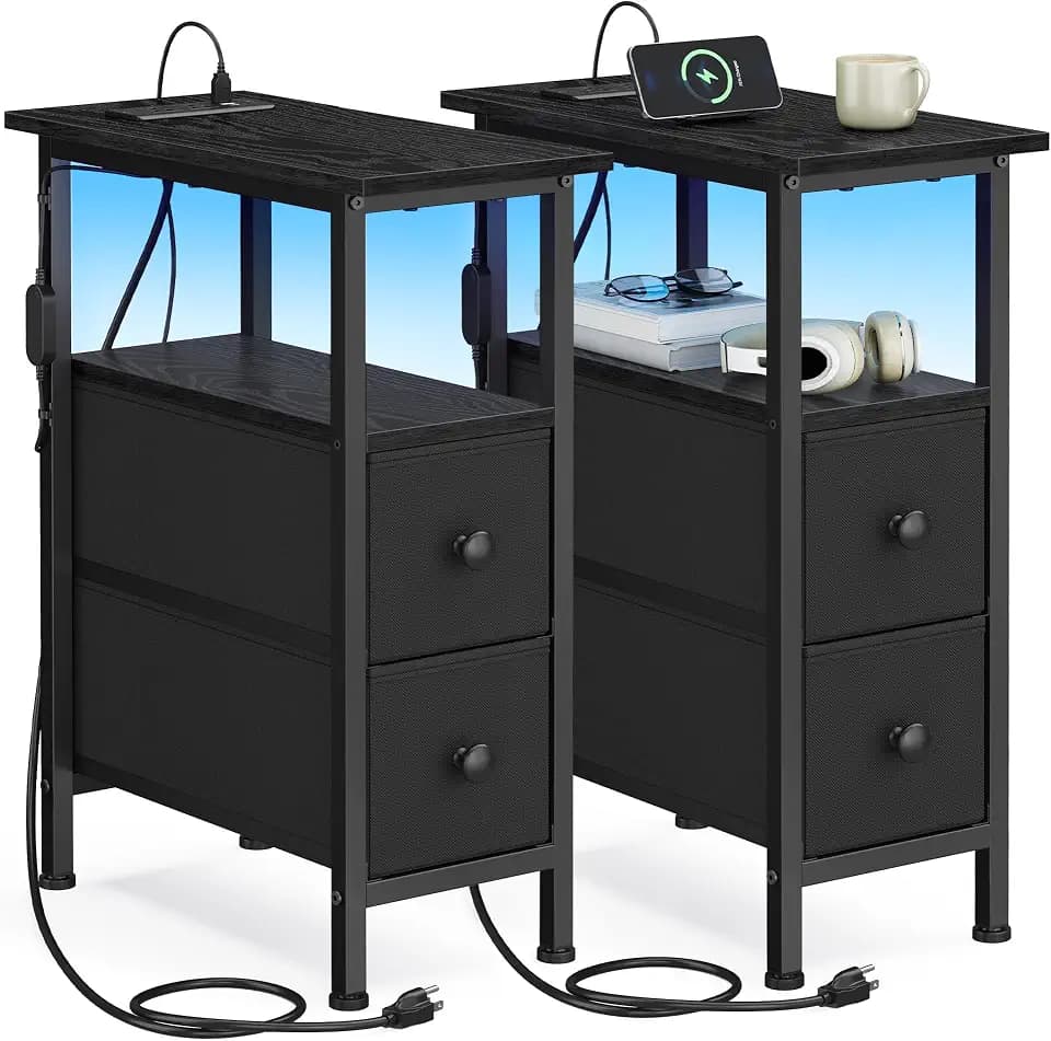 SONGMICS Side Table with LED Light, Narrow End Table with 2 Fabric Drawers