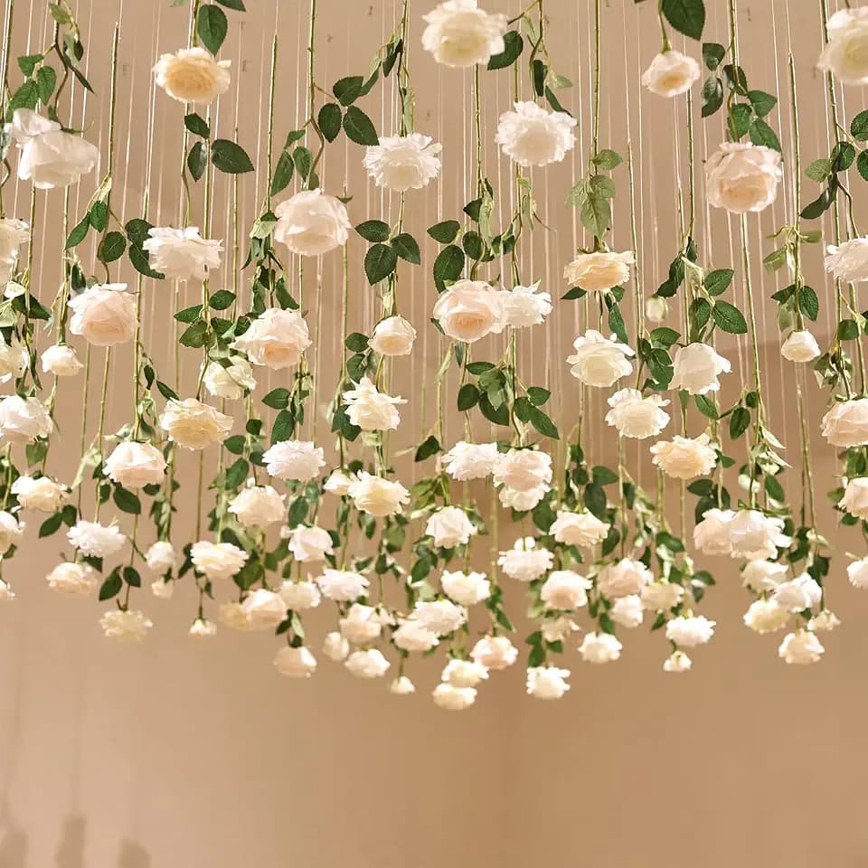 Lyrow 60 Pack White Artificial Flower Hanging Ornaments White Rose Floating Garland Floral Minimalist Boho Wedding Proposal Anniversary French Cream Farmhouse Ceiling Garland Table Decor DIY Craft