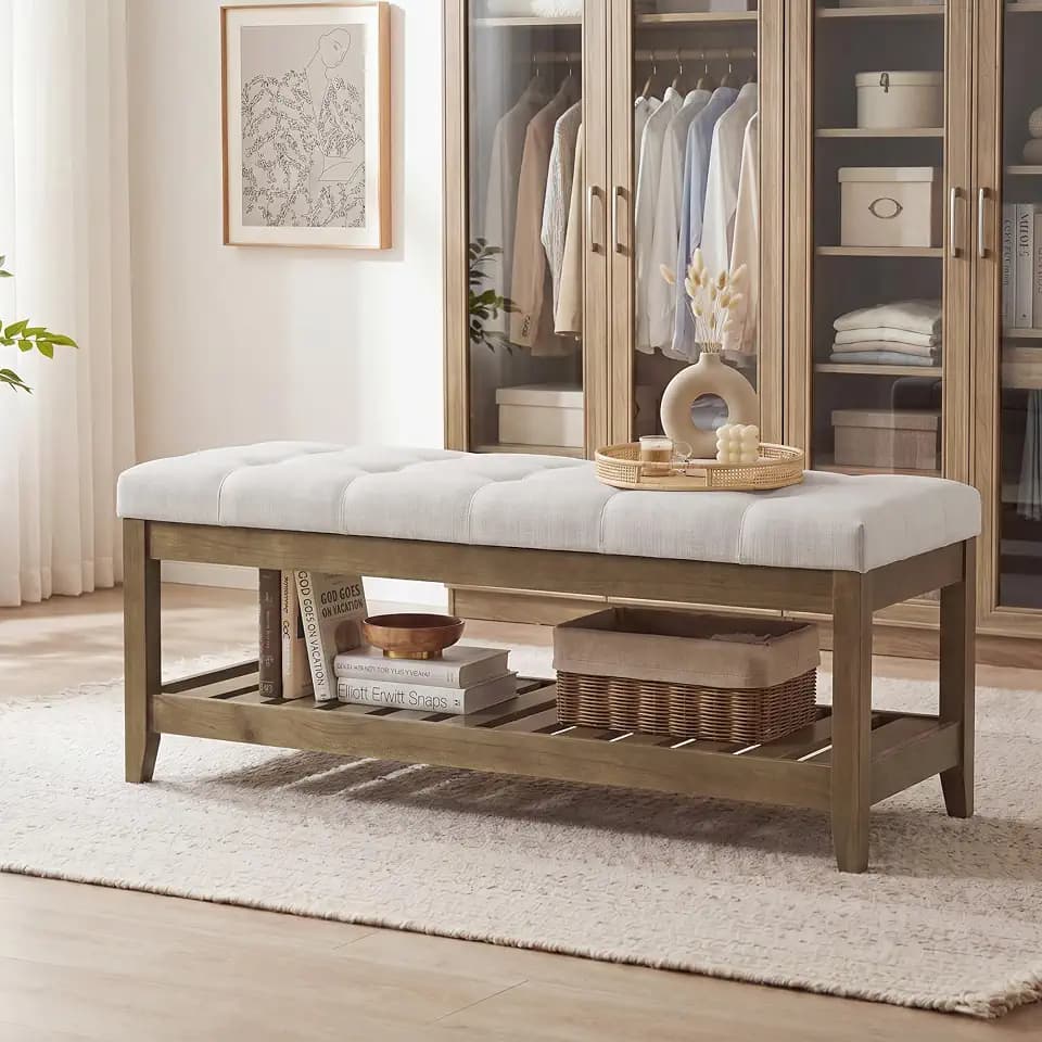 SONGMICS Storage Ottoman with Solid Wood Frame, 42.9 x 15.7 x 17.7 Inches