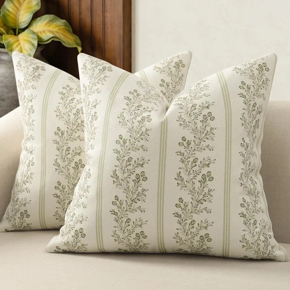 Vintage Throw Pillow Covers 18x18 Set of 2, Striped Floral Pillow Cover Botanical Patterned Decorative Cushion Covers Modern Farmhouse Home Decor for Sofa Couch Bed Living Room, Sage