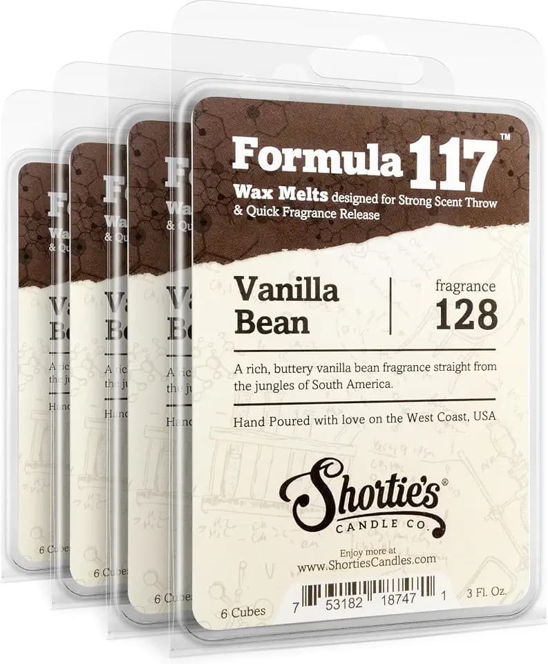 Shortie's Candle Company Vanilla Bean Premium Wax Melts 4 Pack - 12 Oz., Strong & Long Lasting, Non-Toxic - Made with Essential & Natural Oils - Formula 117