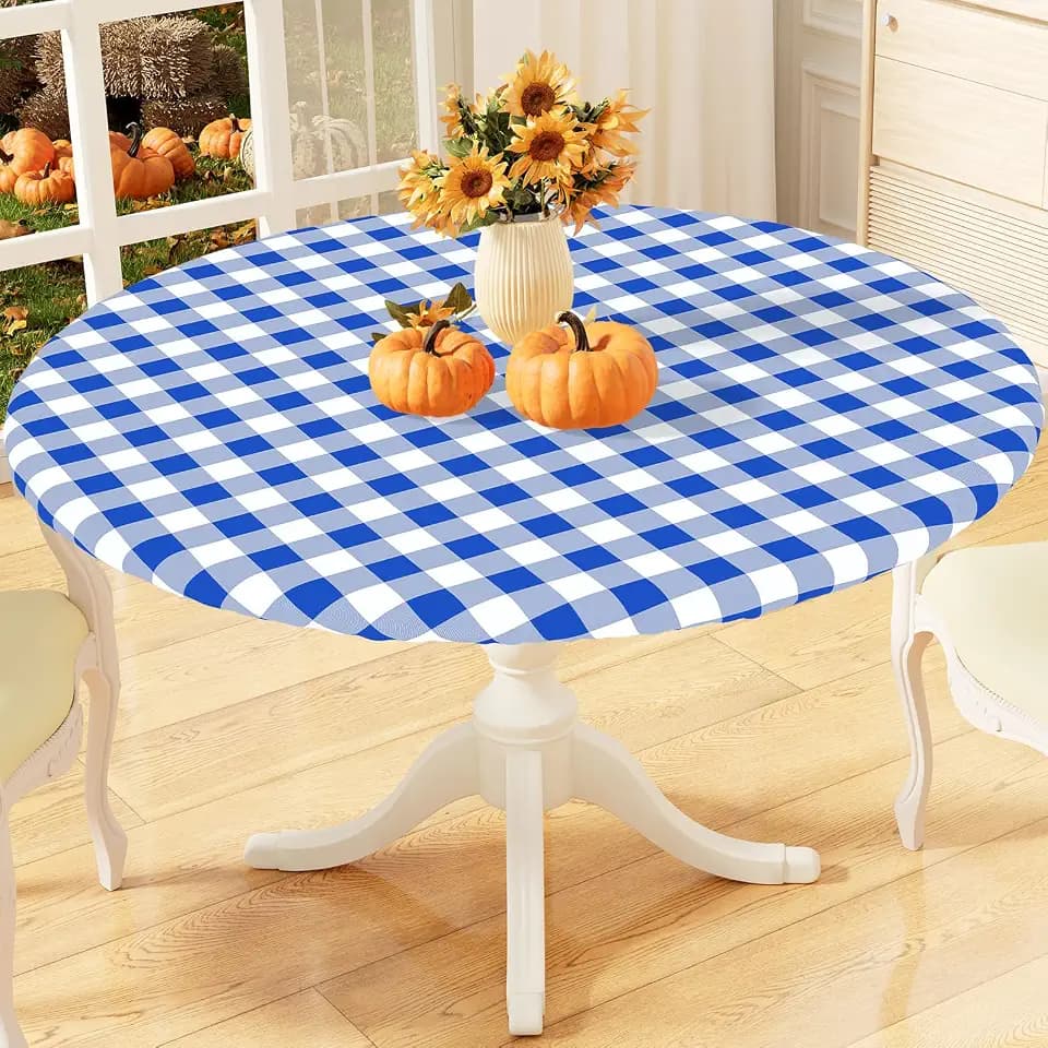misaya Round Fitted Tablecloth with Elastic Edge, Buffalo Plaid Waterproof Vinyl Flannel Backed Table Cloth Cover Fits 36"-44" Round Tables for Dinner, Outdoor, Picnic, Blue White Check