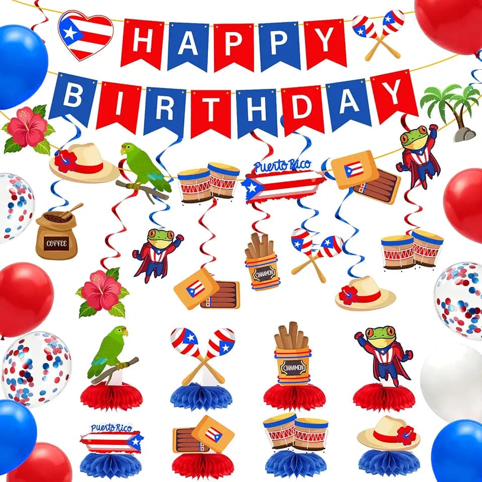 Epakh 43 Pcs Puerto Rico Birthday Party Decorations Set 3 Birthday Banner with Island Symbols 8 Hanging Swirls 8 Honeycomb Centerpieces 24 Red White Blue Balloons for Patriotic Party Decors