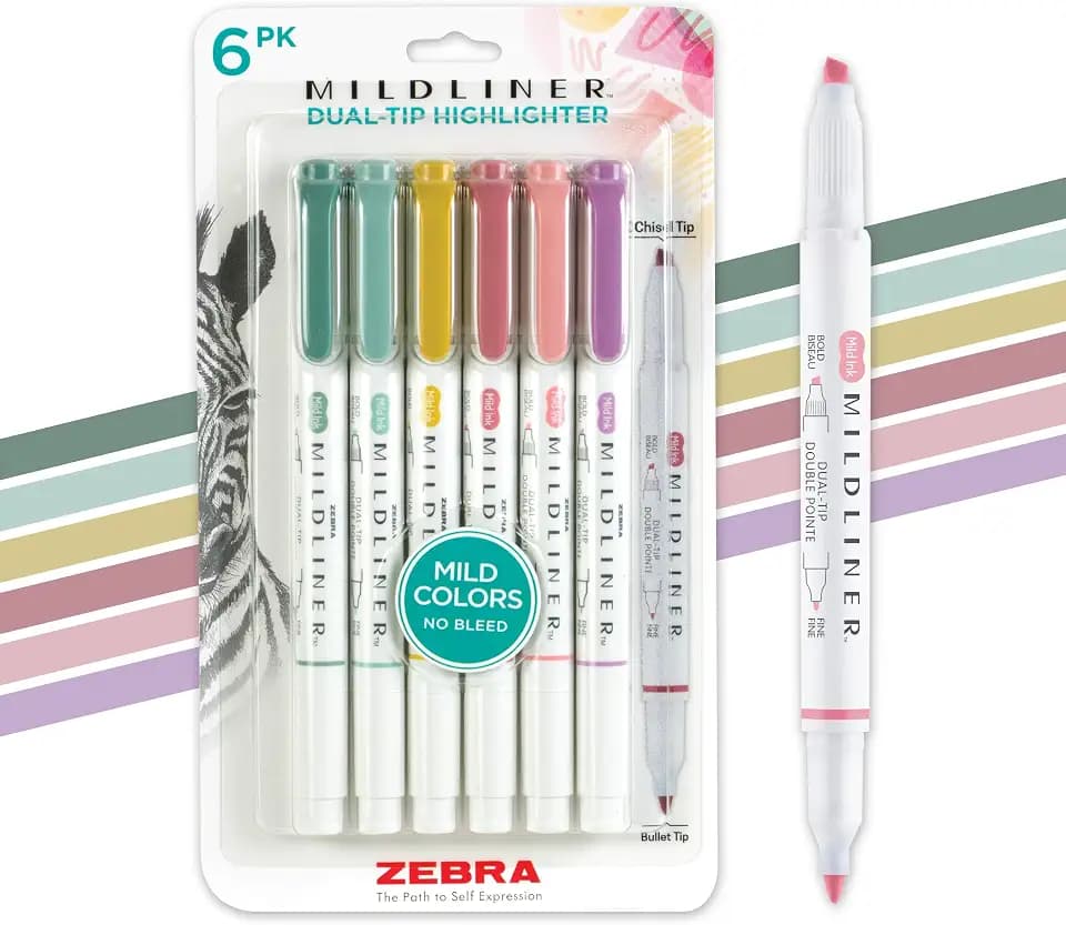 Zebra Pen MILDLINER No Bleed Highlighter, Assorted Mild, Dual Tip, 6-Pack