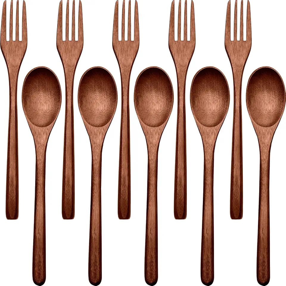 Patelai 10 Pieces Wooden Spoons Forks Set Wooden Utensils for Eating