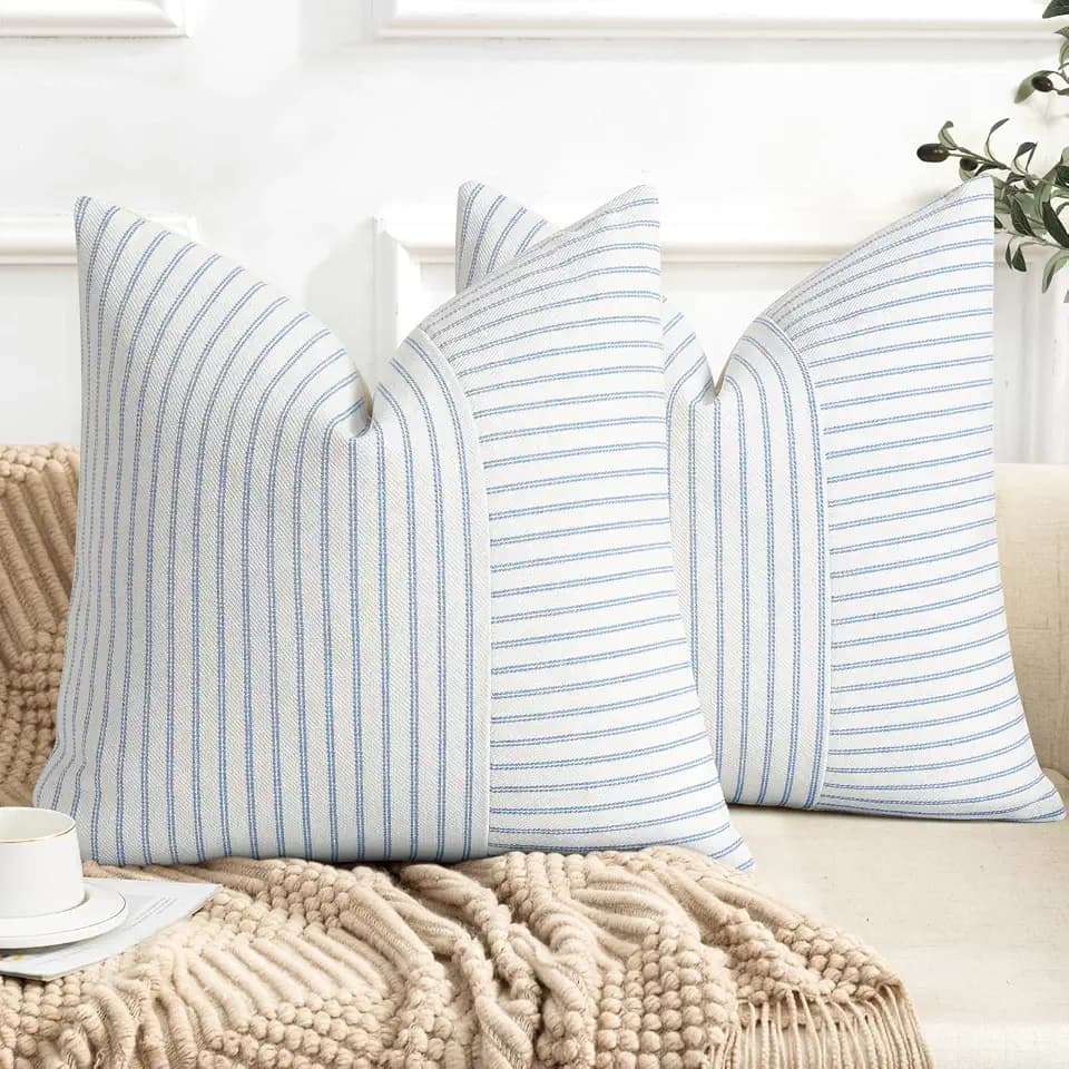 YCOLL Farmhouse Pillow Covers 22x22, Modern Accent Square Throw Pillow Covers Set of 2, Light Blue and Beige Striped Patchwork Linen Decorative Cushion Covers for Couch Chair Bedroom Home Decor