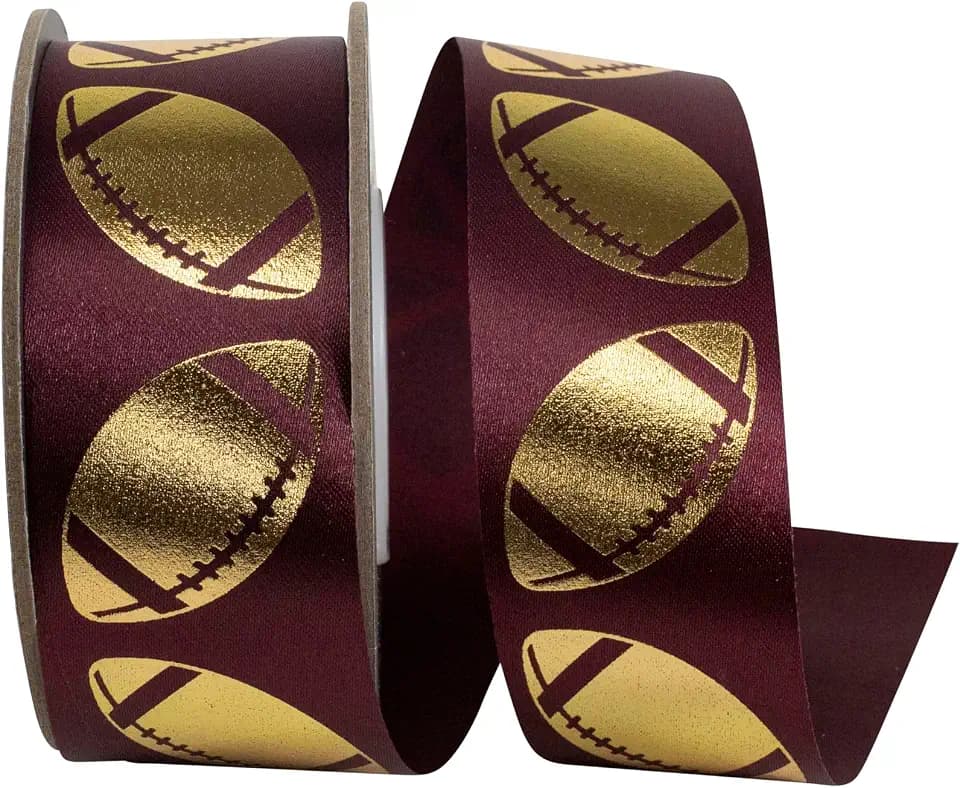 Reliant Ribbon Homecoming Metallic Footballs Cooler Ribbon, Burgundy/Gold, 1-3/8 Inch, 25 Yards