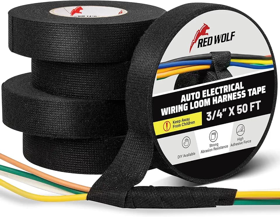 RED WOLF Wiring Harness Tape High Temp Wire Cable Loom Self-Adhesive Fabric Tape for Electrical Automotive Engine Harness Wrap Protection Noise Damping Cables Fixed 3/4 Inch x 50 FT 5 Rolls