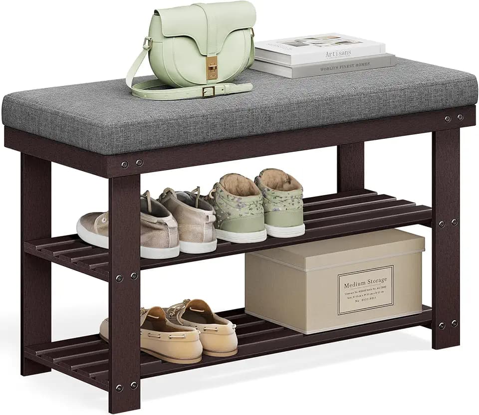 SONGMICS Bamboo Shoe Bench, 3-Tier Shoe Rack, 11.9 x 28.3 x 19.2 Inches
