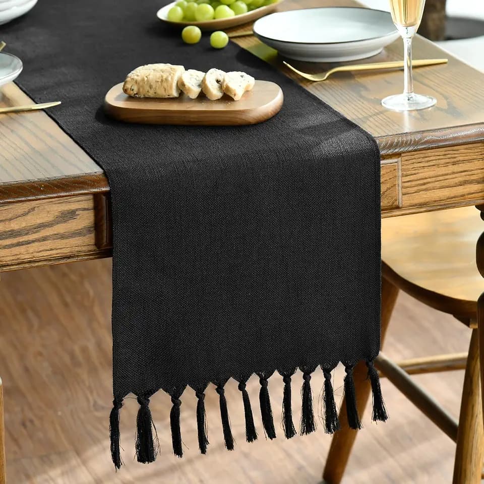 Artoid Mode Black Tassel Table Runner, Halloween Linen Blend Rustic Farmhouse Style Kitchen Table Decoration Holiday Wedding Party Dinning Decor 13x90 Inch
