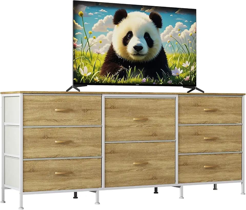 Garvee 8 Drawer Fabric Dresser TV Stand with Wooden Top, Metal Frame Storage Chest, Wide Closet Organizer for Bedroom Living Room Hallway, Natural Wood, 62.99 x 26.77 x 13.79 Inches