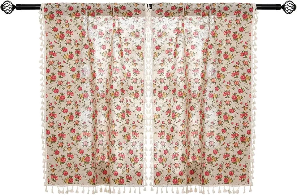 2 Panels Linen Tassels Curtains Farmhouse Red Rose Flower Vintage Semi Sheer Window Curtain for Kitchen Bathroom, 26x36in Tiers Curtain