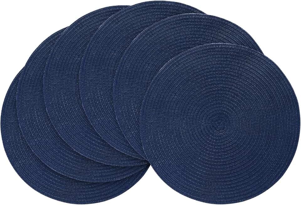 Floroom 15 Inch Round Braided Placemats Set of 6, Washable Heat Resistant Cotton Polyester Circle Place Mats for Kitchen Dining Table - Navy Blue