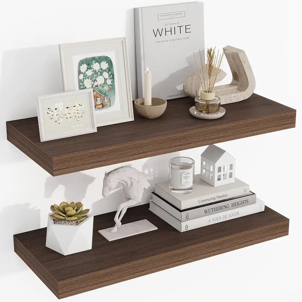 Acovy 24 Inch Floating Shelves, 24"x9.25"x1.5" Inch Deep Floating Shelves for Wall, Wooden Shelves for Bathroom, Bedroom, Living Room, Walnut, 2 Pieces