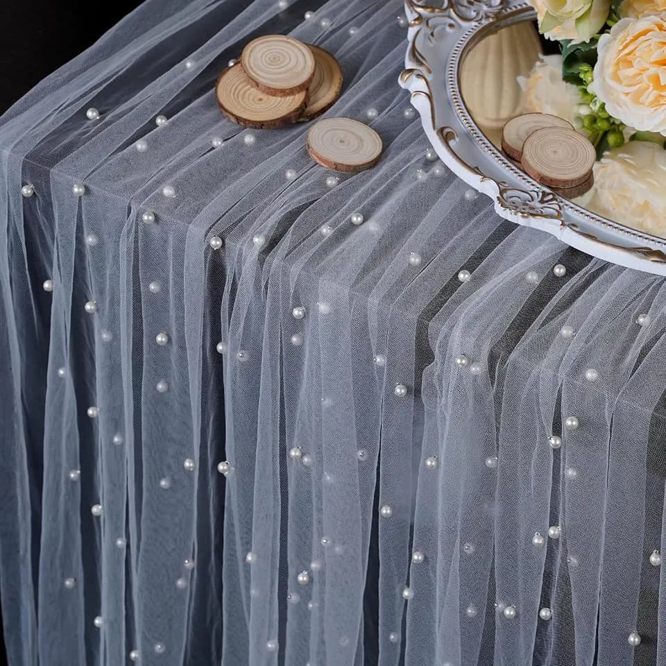 OSVINO Pearl Table Runner, 63x120In Sheer Chiffon Lace for Wedding Birthday