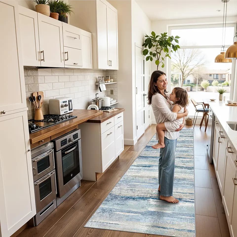 Washable Runner Rugs 2x9 for Kitchen: Modern Abstract Hallway Bedroom Stain Resistant Carpet with Non Slip Backing Indoor Home Decor Low Pile Foldable Rugs for Entryway Laundry Bathroom 2x9 Blue