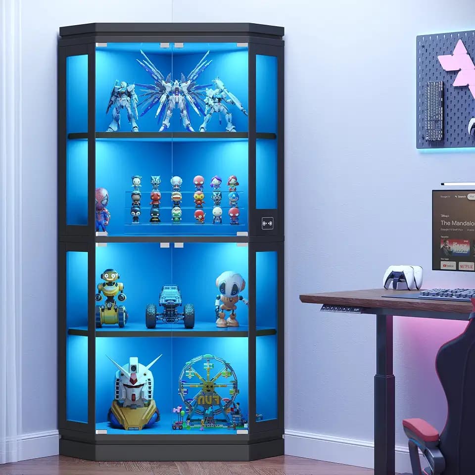 Jocoevol Corner Display Cabinet with 4 Glass Doors, 4-Tier Display Cases with RGB Lights for Collectibles, 67'' Tall Corner Curio Cabinet with Human Body Sensor for Living/Game Room (Black)