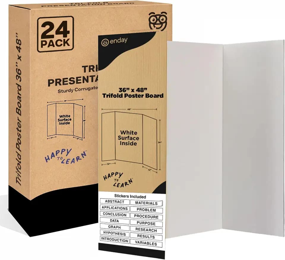 White Trifold Presentation Board 36" x 48" (Pack of 24) Self-Adhesive Science Subtitles Included - Display Exhibition Board Lightweight and Portable with Smooth Surface - by Emraw