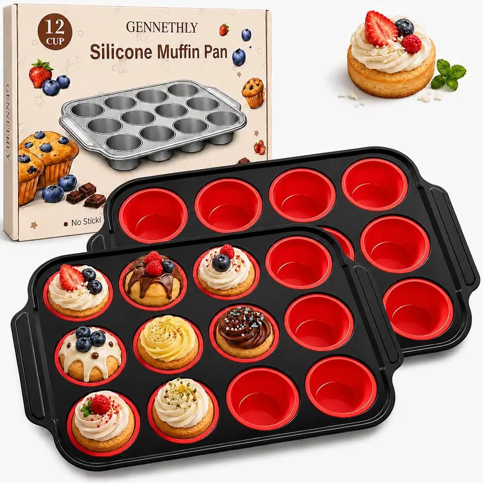 2 Pack Silicone Muffin Pans for Baking, 12-Cup Muffin Tin with Metal Frame