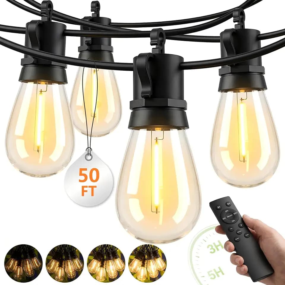 Outdoor String Lights Patio Light - 50Ft Outside Waterproof Dimmable Bulbs