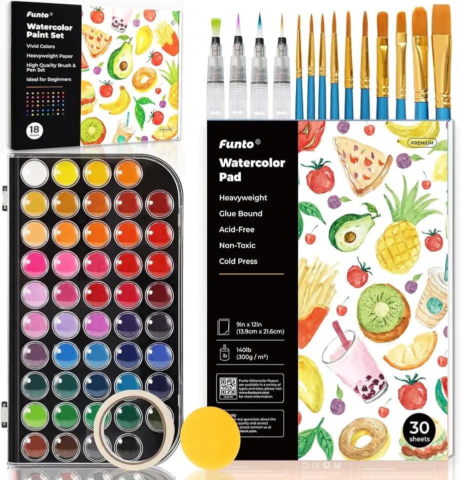 Funto Watercolor Set, 48 Color Paint Set, 10 Brushes, 30 Page Pad(9"x12"), 4 Refillable Pens & More, Painting Kit for Kids, Adults, Beginners