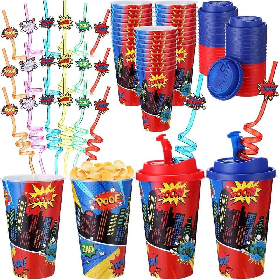 Yungyan 16 Sets Hero Party Favors Goodie Cups with Lids and Straws