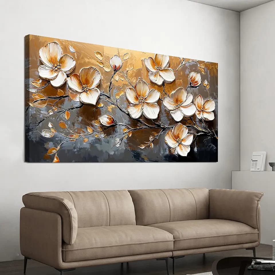 Canvas Wall Art Decor Large Wall Art Pictures for Living Room Canvas Art Wall Decor Large Artwork for Walls Vintage Floral Wall Art Decor White Gold Wall Art Prints for Home Office Wall Decor 29"X58"