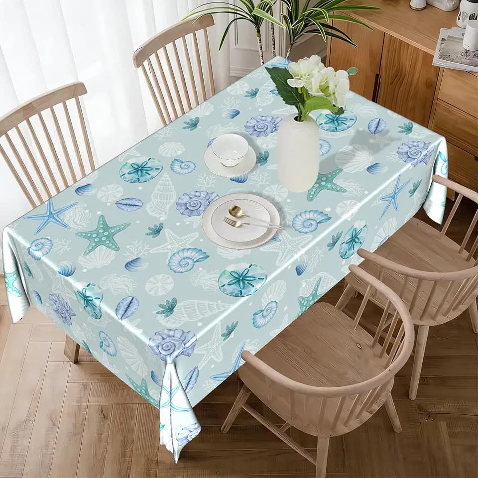 Blue Nautical Coastal Tablecloth 60x84 Inch Starfish Seashells Table Cover Summer Beach Themed Reusable Washable Rectangular Tablecloths for Dining Party Picnic Indoor Outdoor