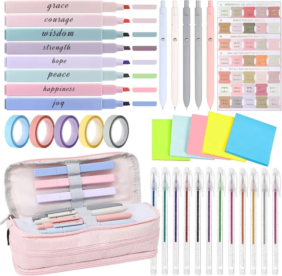 Inmorning 42PCS Bible Study Supplies for Women with Bible Highlighters No Bleed, Bible Tabs, Gel Pens, Glitter Pens & Scripture Study Accessories
