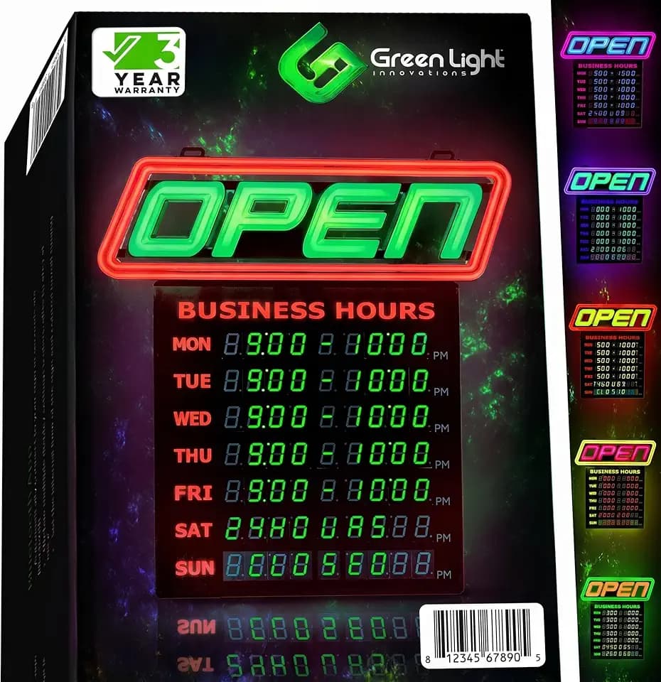 LED Open Sign for Business with Programmable Business Hours — Green Light Innovations Bluetooth App, 4,000+ Color Combos, Flash/Scroll/Neon Modes, 100,000-Hr LEDs, 3-Year Warranty, 15×16.5 in