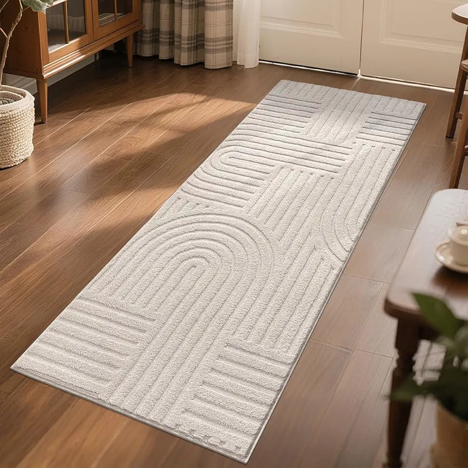 SHACOS Soft Cozy Fluffy Arch Pattern High Low Pile Runner Rugs 2'x6' Non Slip Washable Scandinavian Minimalist Rug Modern Geometric Arc Carpet for Living Room Bedroom Bathroom, Beige