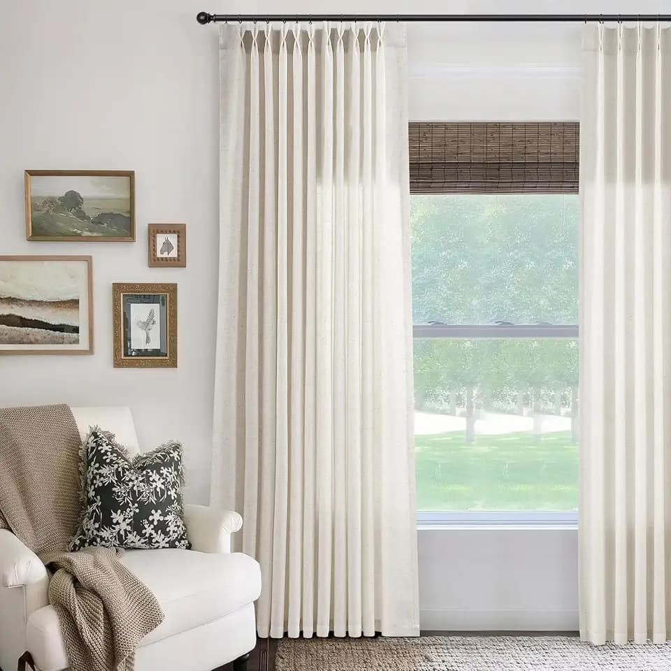 Jowels Natural Pinch Pleated Linen Curtains 90 Inches Long for Living Room