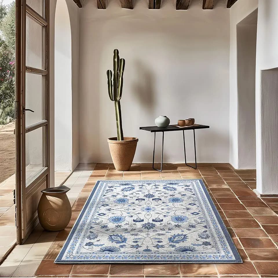 EverGrace Area Rugs for Living Room 3x5, Boho Floral Faux Wool Indoor Outdoor Rugs, Washable Rugs for Bedroom Entryway Dining Room Hallyway, Low Pile Floor Mat Carpet for Home Decor, Porcelain Blue