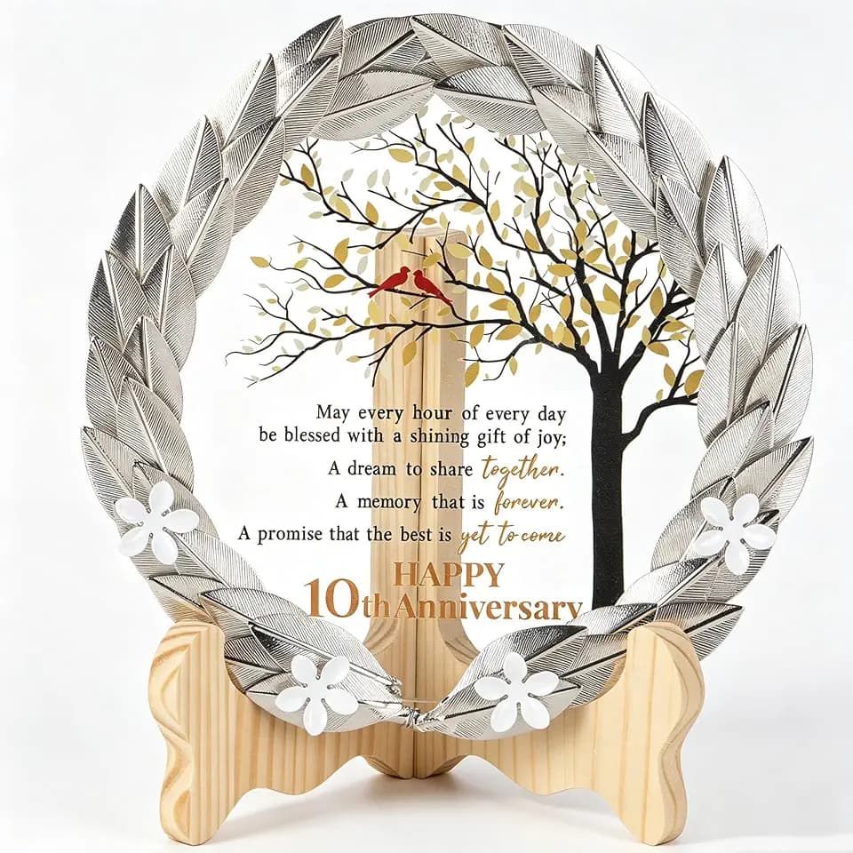 10th Anniversary Wedding Gifts Crystal Plate with Tin Leaf Wreath - 10 Years Anniversary Wedding Unique Gifts Ideas for Parents Couple - Cardinal Style