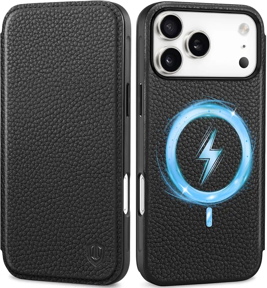 SHIELDON Slim Schutzhülle für iPhone 17 Pro Max 6,9" 2025, Litschi Schwarz | Rindsleder, Kabelloses Laden, 3 Kartenfach, RFID Blocker, Handy-Ösen, TPU Case, Handyhülle, Lederhülle