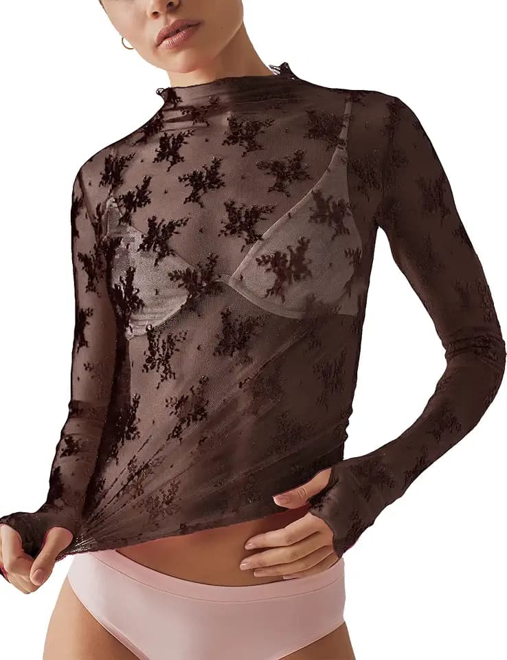 Ugerlov Women's Lace Long Sleeve Tops Mock Neck Mesh Tops Sheer Shirts