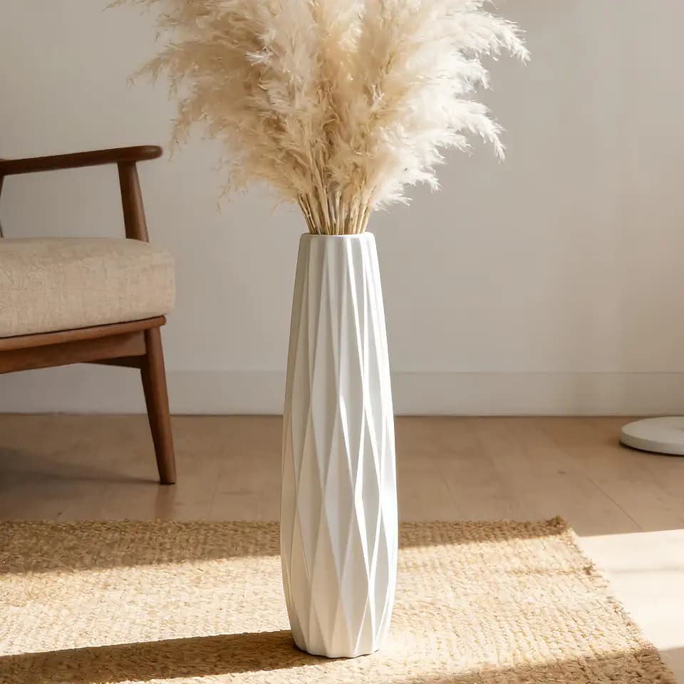White Tall Ceramic Floor Vase, 17.7 Inch, Ribbed Design
