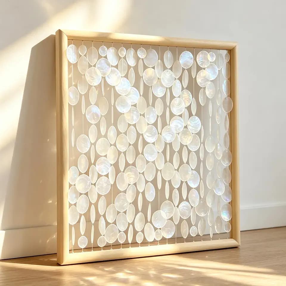 DHHOUSE 24x24 inch Handmade Capiz Shell Wall Art, Minimalist White Shell Wall Hanging with Wooden Frame, Coastal Wall Decor for Living Room, Bedroom