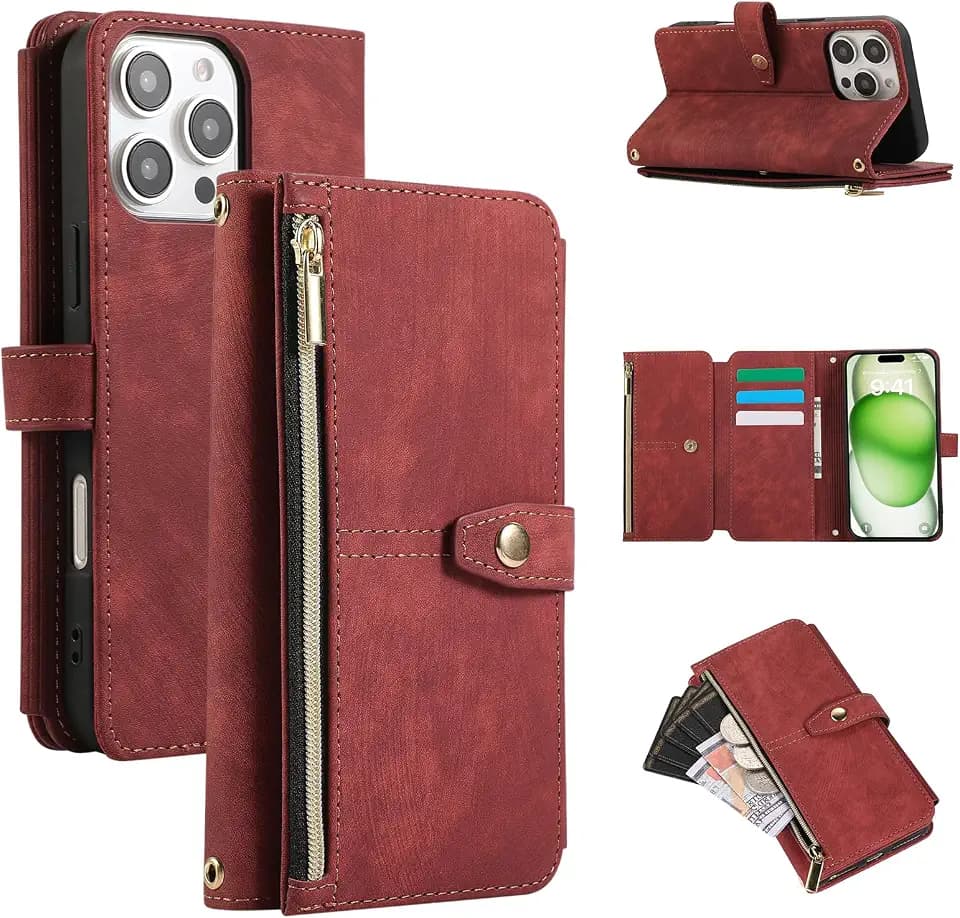 UEEBAI Hülle für iPhone 16 Pro Max, Leder Klapphülle, Retro Rotwein | 9 Kartenfäche Lederhülle mit Umhängegurt Handschlaufe Ständer Reißverschluss Handyhülle Magnetverschluss Wallet Flip Case