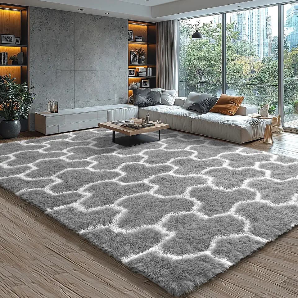 EVOIONOS 5x8 Washable Large Area Rug Living Room, Fluffy Shag Rug Bedroom Ultra Soft Plush Non Slip Carpet Indoor Floor Bedside Nursery Kids Girls Room Dorm Home Decor Aesthetic Grey White Geometric