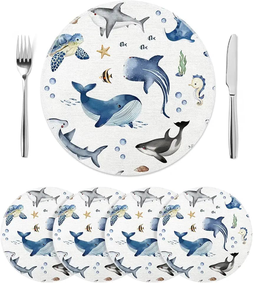 fanquare Under the Sea Animal Round Placemats Set of 4, 14 Inch Linen Whale Shark Sea Turtle Ocean Nautical Coastal Beach Washable Dining Table Mats for Kitchen Party Home Decor