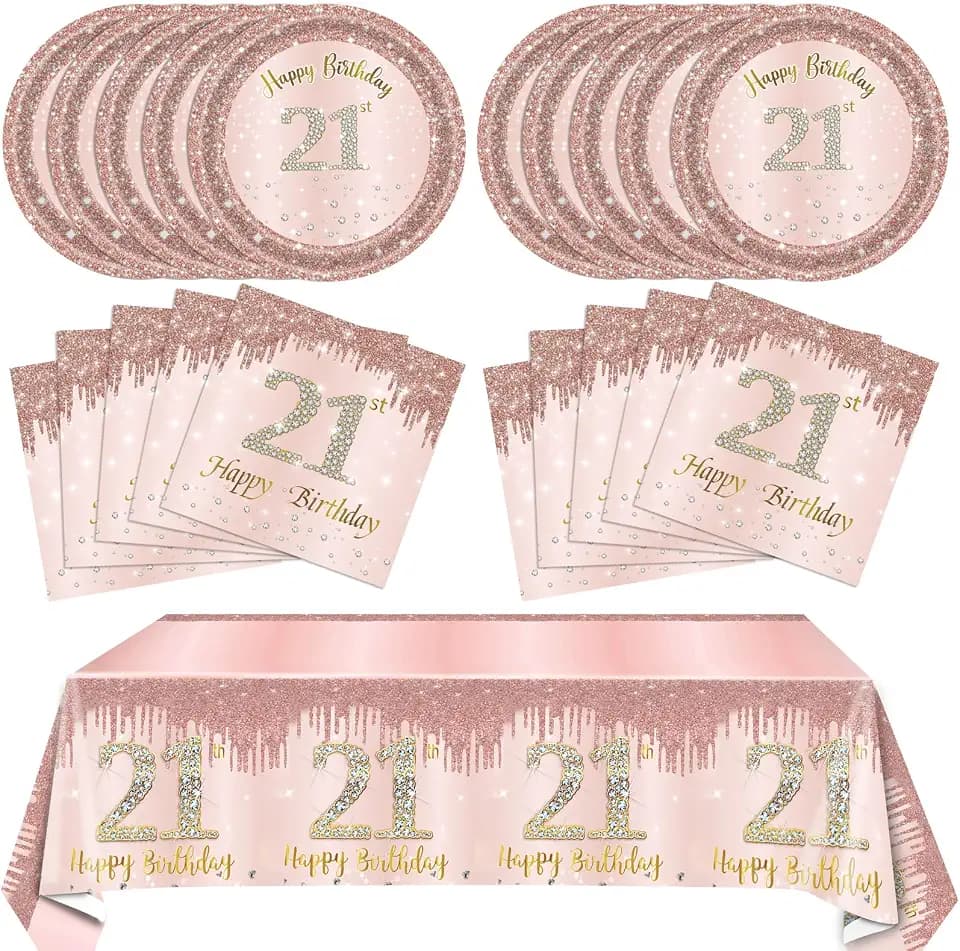21st Birthday Decorations for Her,41Pcs Awesome Since 2005 Birthday Tableware Kit Party Supplies-Rose Gold 21 Years Old Disposable Paper Plates and Napkins,Tablecloth Set For Sweet Girls Women Party